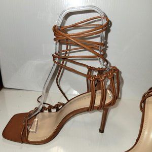 Azalea Wang Mabel Women's Brown Calf High Strappy Stiletto Heel Shoes Size 9